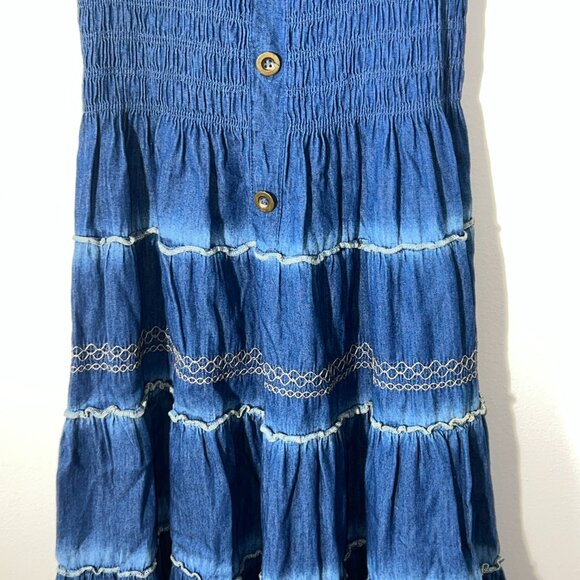 Lapis Anthropologie Tiered Smocked Denim Maxi Peasant Prairie Boho Dress Sz M - Picture 7 of 15